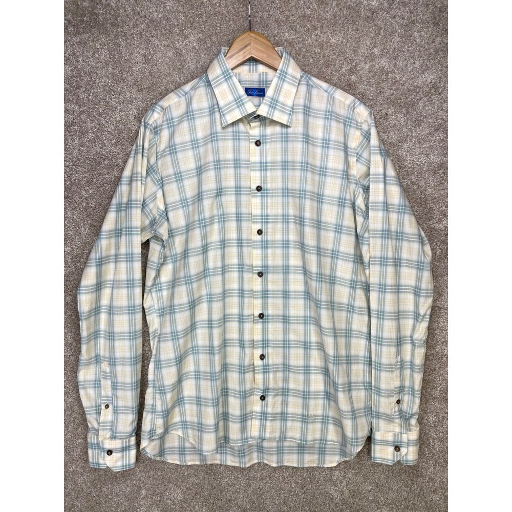 Tom James Plaid Button Down Shirt Mens XL Green Yellow Long Sleeve Preppy Office